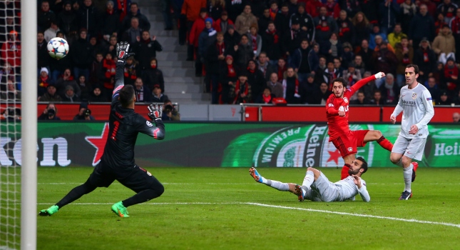 during the UEFA Champions League round of 16 match between Bayer 04 Leverkusen and Club Atletico de Madrid at BayArena on February 25, 2015 in Leverkusen, Germany.