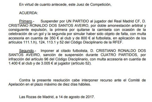 Auto del Juez Único de Competición de la RFEF.